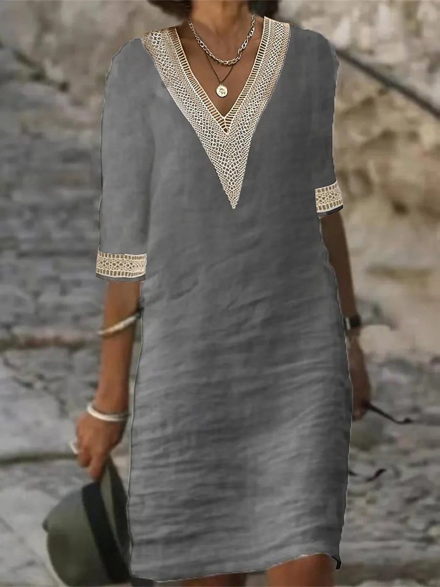 Women's casual linen blend V-neck dress with delicate lace trim, 3/4 sleeves, and relaxed fit.