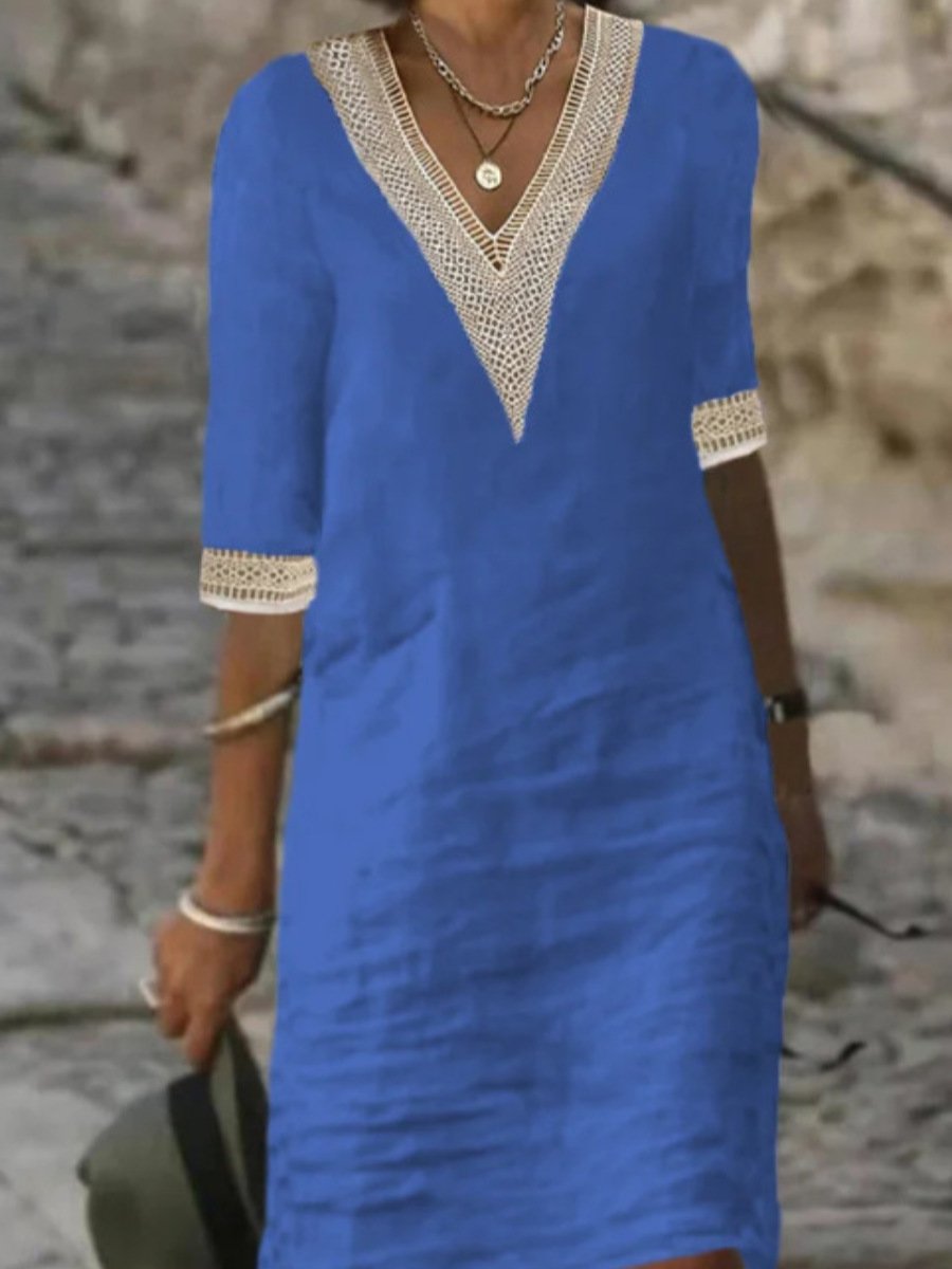 Comfortable summer knee-length linen dress for women, featuring a flattering V-neck and elegant lace accents.