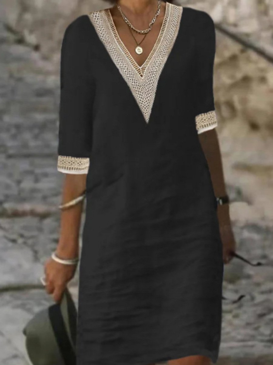 New women's casual 3/4 sleeve linen blend dress, perfect for summer with V-neck and sophisticated lace trim.
