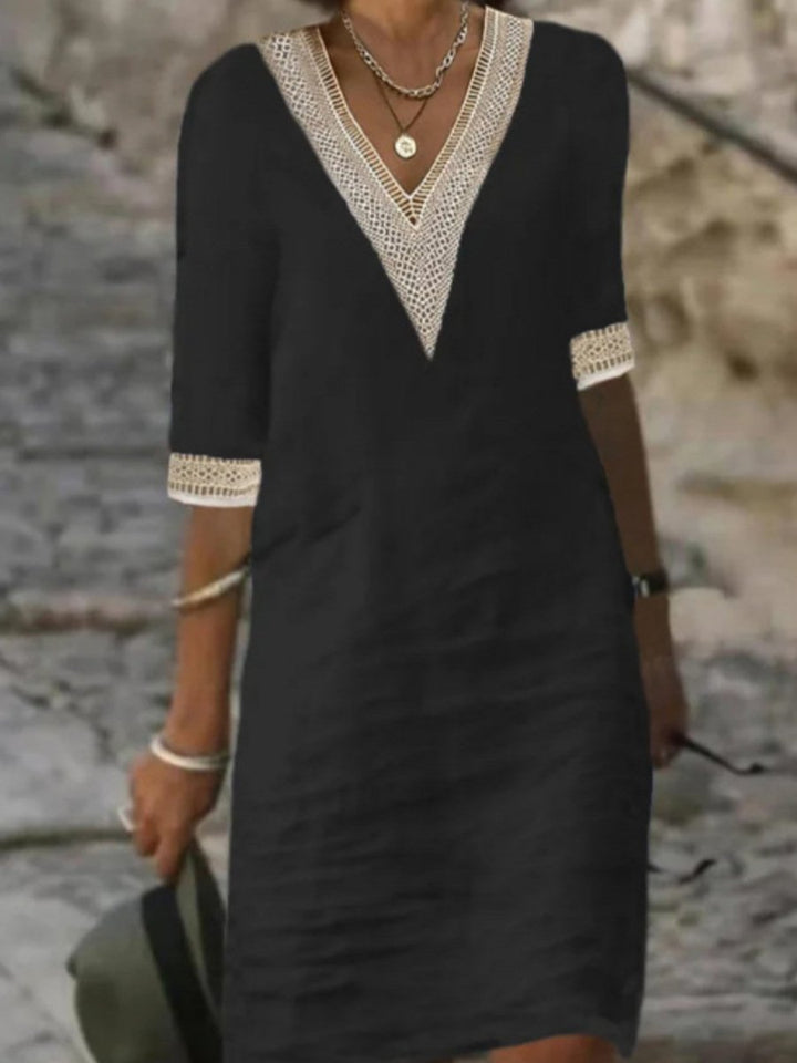 New women's casual 3/4 sleeve linen blend dress, perfect for summer with V-neck and sophisticated lace trim.