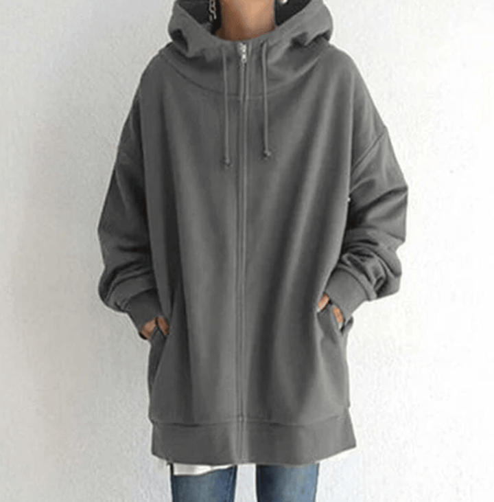Women's casual long sleeve hooded zip-up jacket in heather gray, comfortable loungewear for fall fashion