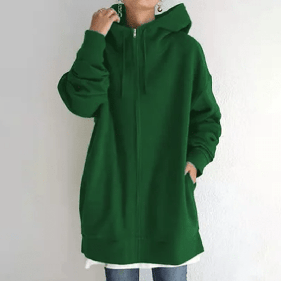Back view of a women's casual zip-up hoodie, showcasing its comfortable oversized fit