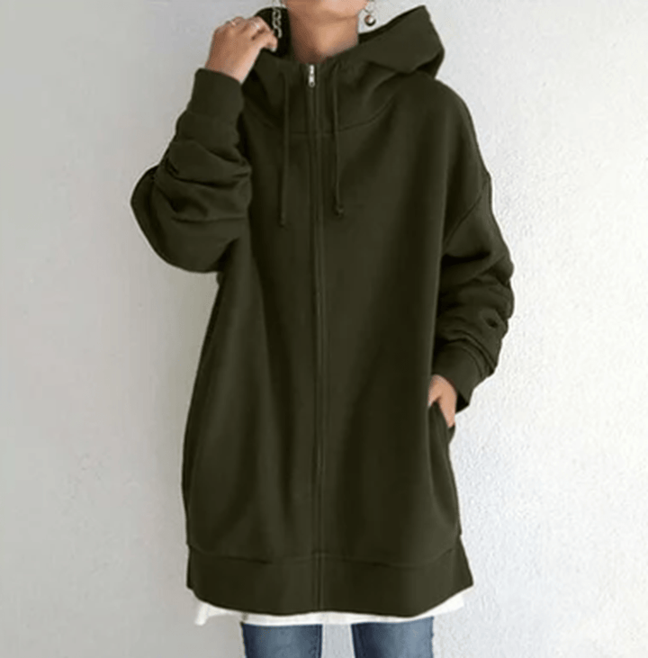 Women's comfortable zip-up jacket in a neutral color, essential for casual and fall fashion