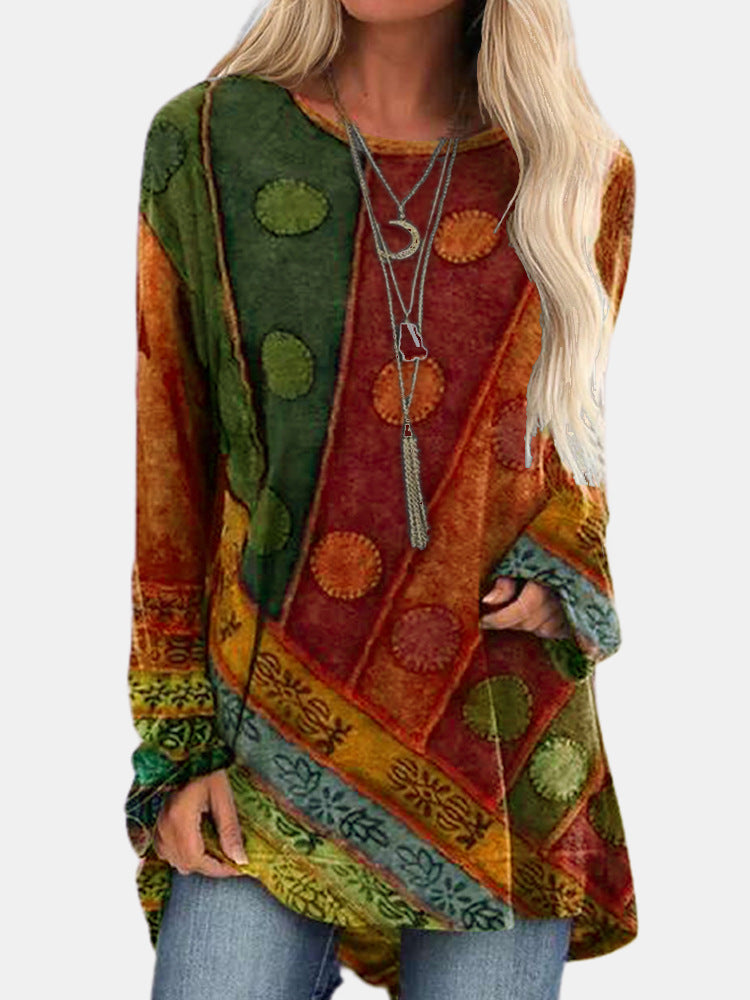 Women's casual long-sleeve shirt with a vibrant colorful pattern, perfect for everyday chic.