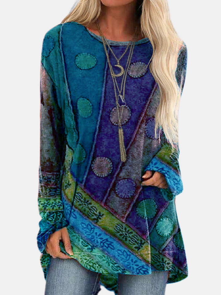 Stylish women's colorful abstract pattern long-sleeve shirt, ideal for a casual, vibrant look.