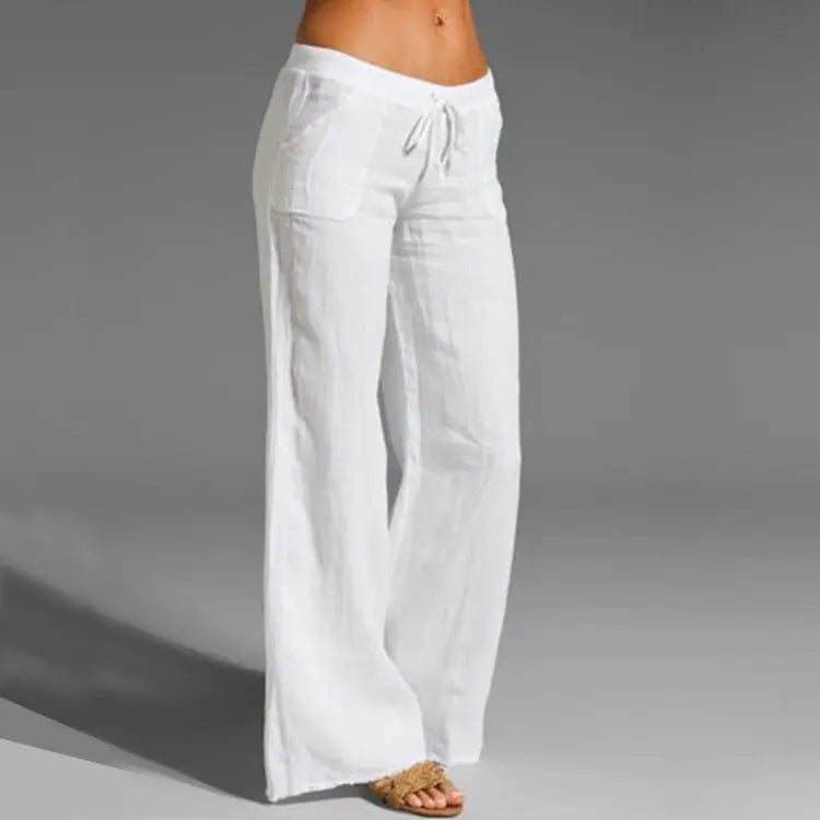 Breathable women's linen trousers featuring a relaxed fit, an essential for summer and travel pants