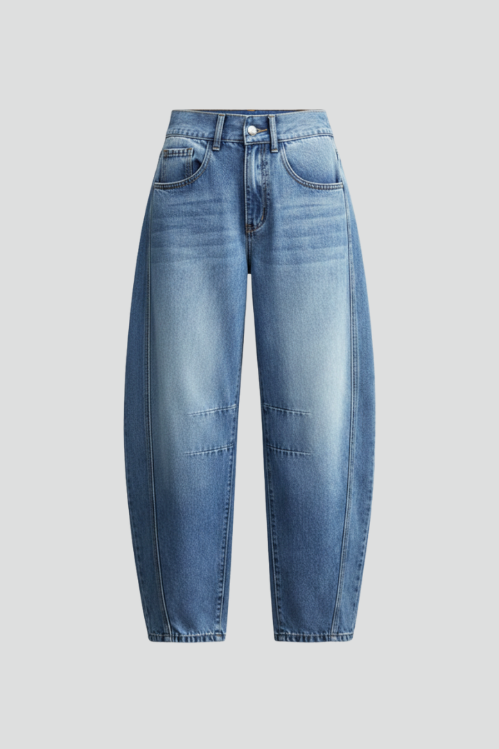 Women's casual mid-rise blue denim jeans with front closure for everyday wear.