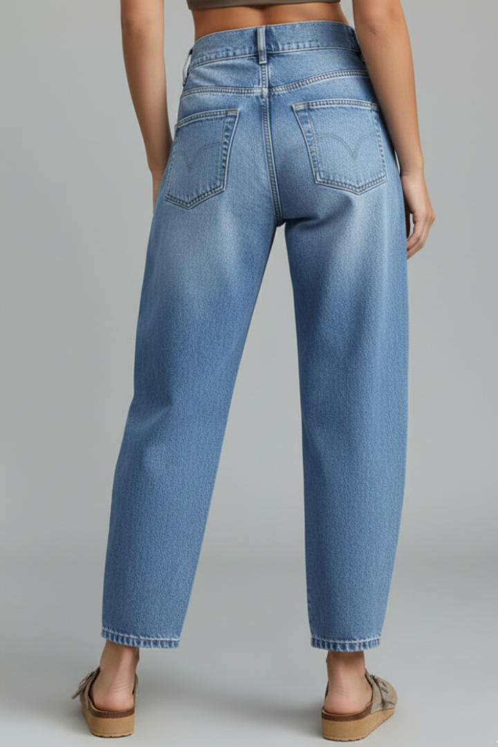 Casual women's denim pants, mid-rise design, with a functional front closure.