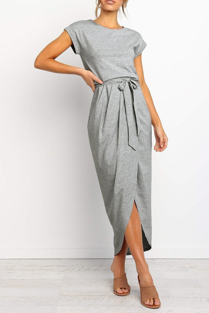 Casual women's midi dress, designed for comfort and style with a flattering tie waist.