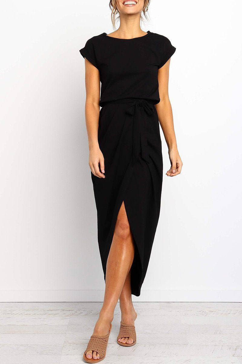 Chic women's casual midi dress, featuring a flattering tie waist, for summer.