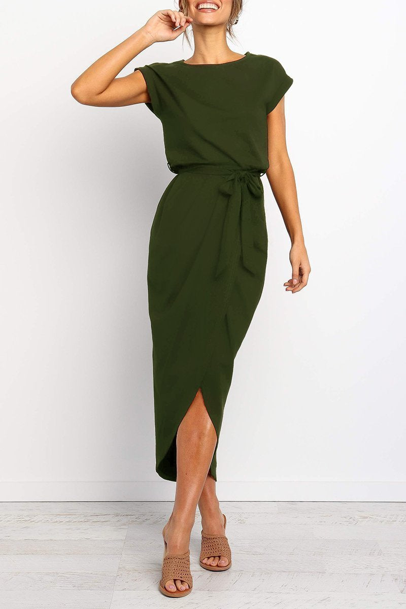 Elegant women's midi dress featuring a stylish tie waist, comfortable and versatile.