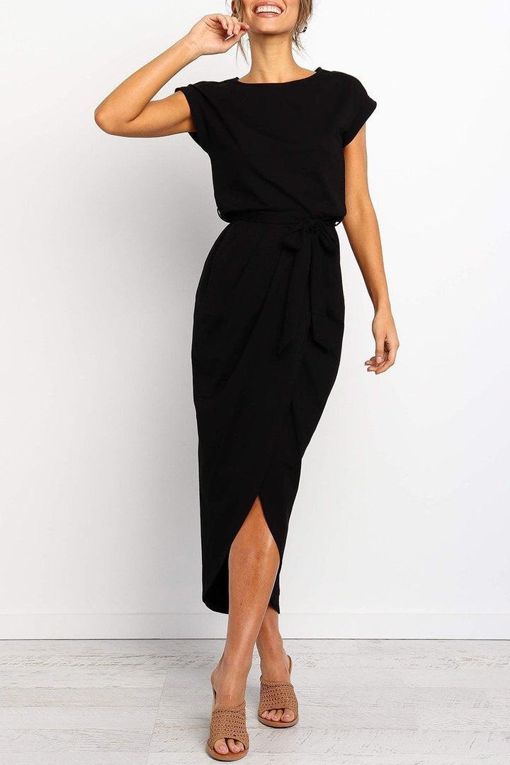 Elegant women's midi dress, tie waist detail enhances its casual sophisticated look.