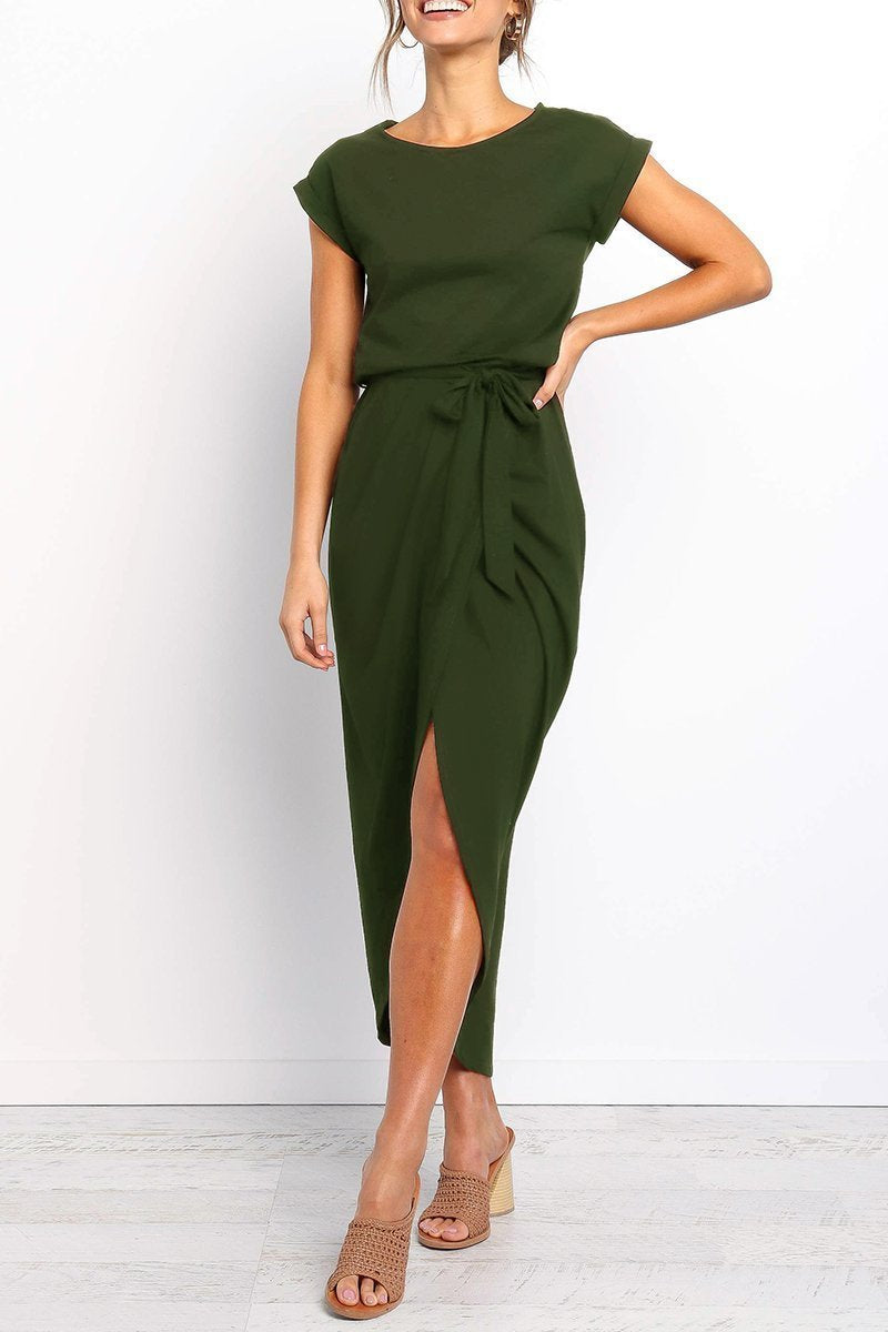 Stylish women's midi dress with an adjustable tie waist, great for summer fashion.