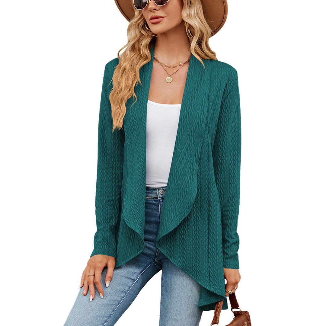 Trendy women's long cardigan with an open front, great for layering in any season
