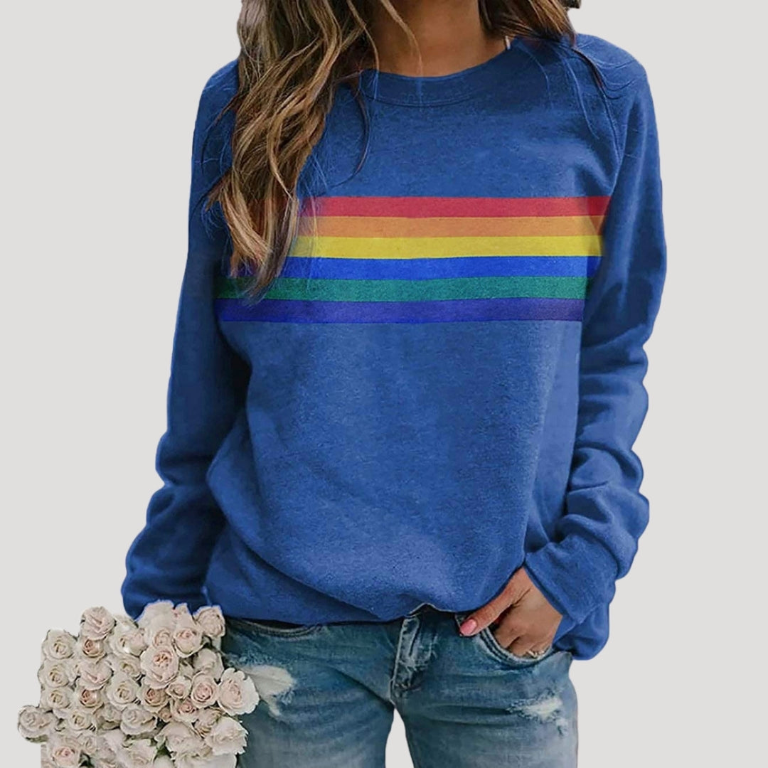 Stylish women's long sleeve rainbow stripe sweatshirt for spring casual wear
