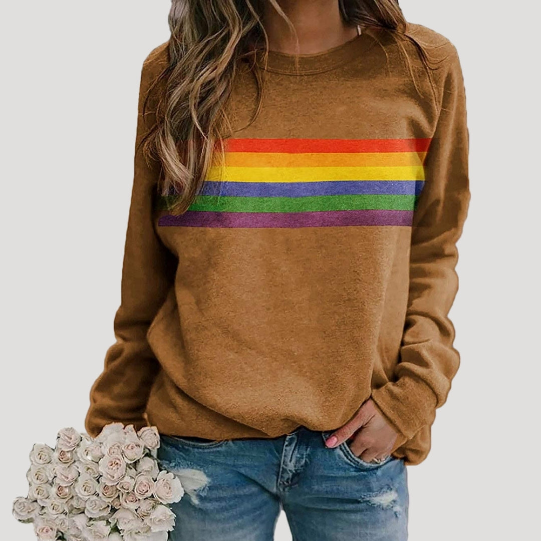 Women's casual long sleeve top featuring a chic rainbow stripe design