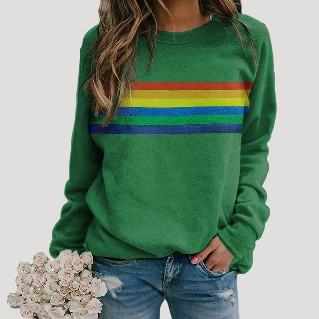 Fashionable women's rainbow stripe sweatshirt, perfect for a casual spring look