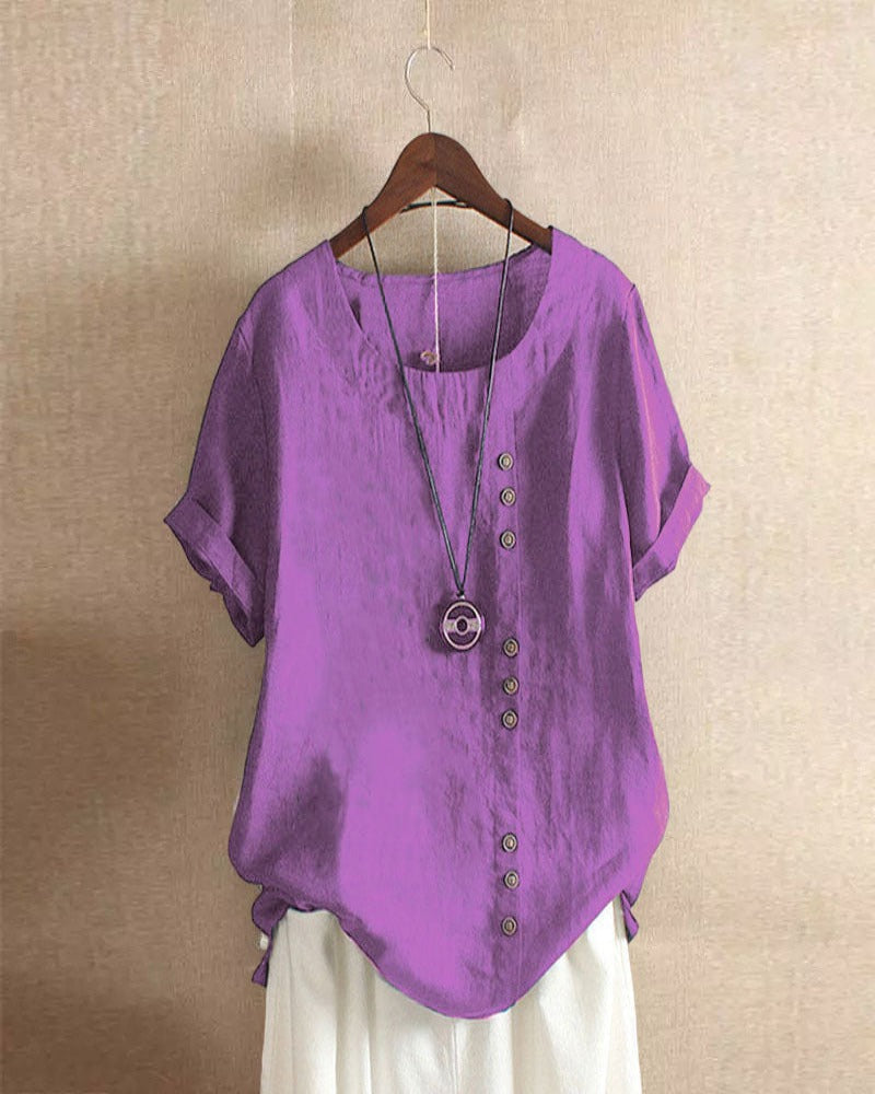 Relaxed fit short sleeve button-detail blouse for women, a versatile and fashionable summer top