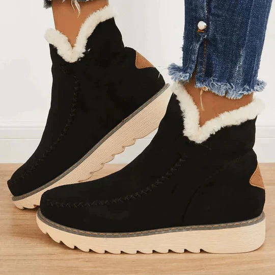 Women's casual snow boots, black with faux fur trim, ideal for winter outdoor activities and warmth.
