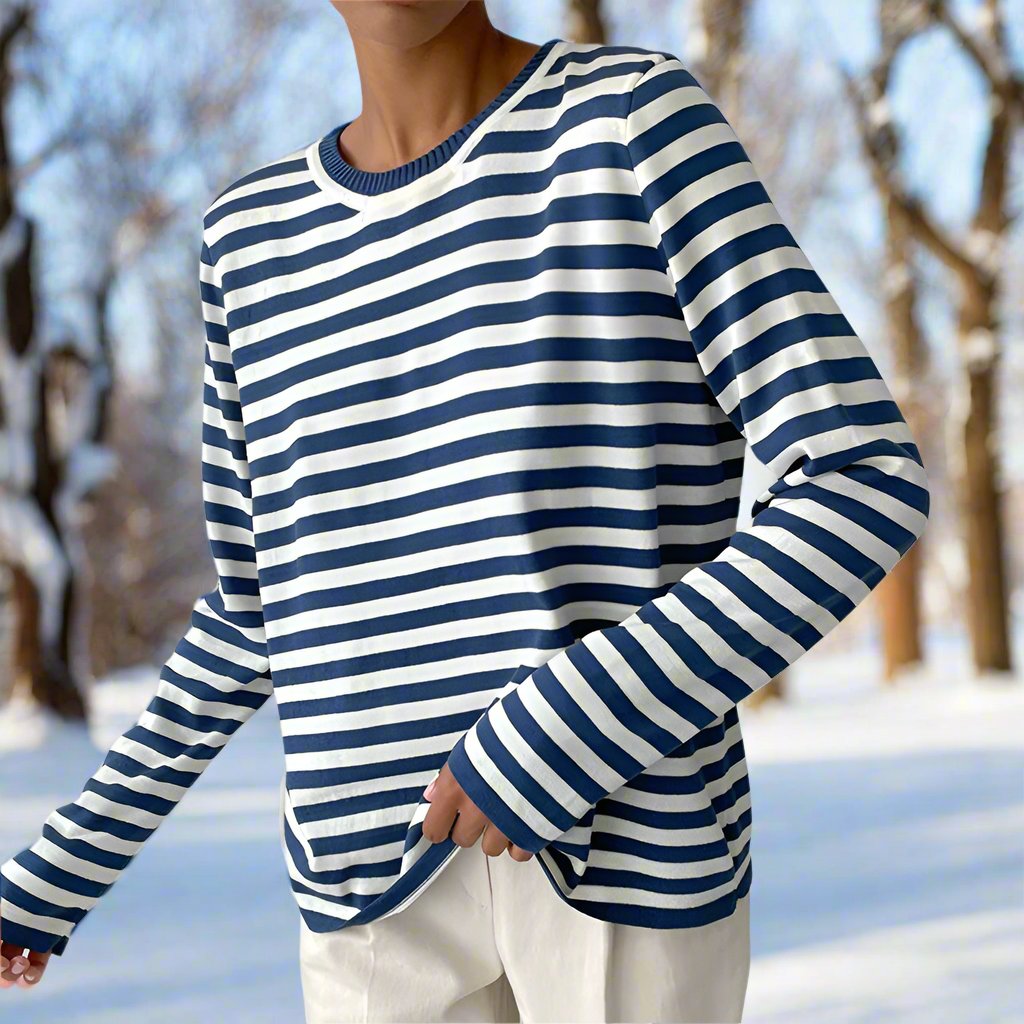 Women's casual striped long sleeve top with round neck, relaxed fit, perfect for spring fashion.