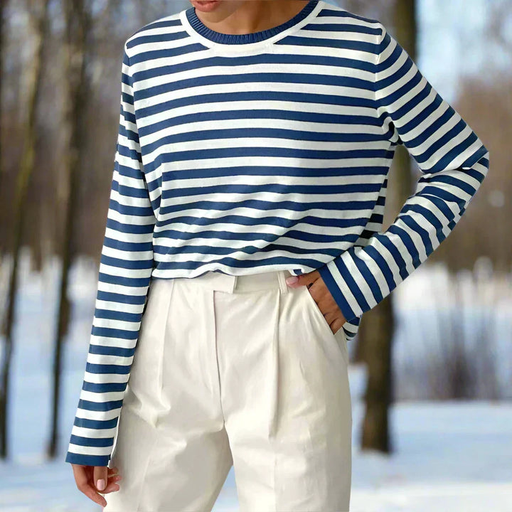 Women's fashion striped long sleeve shirt with a round neck, versatile casual wear.