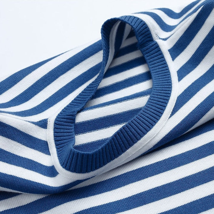 Close-up of a women's striped long sleeve top showcasing fabric and relaxed fit details.