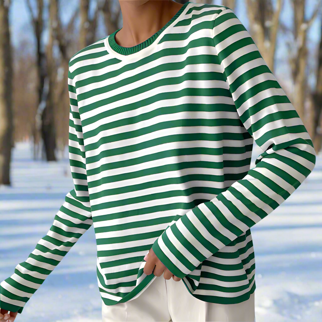 Elevated casual wear: women's striped long sleeve top with a comfortable round neck.