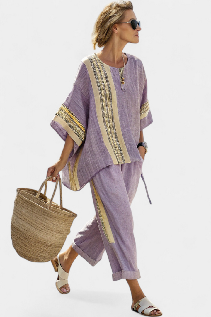 Fashionable women's casual striped loungewear set, oversized for ultimate summer comfort