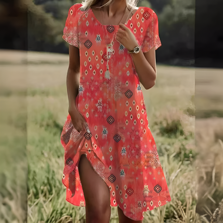 Everyday women's casual midi dress with a flattering waist tie, comfortable and stylish