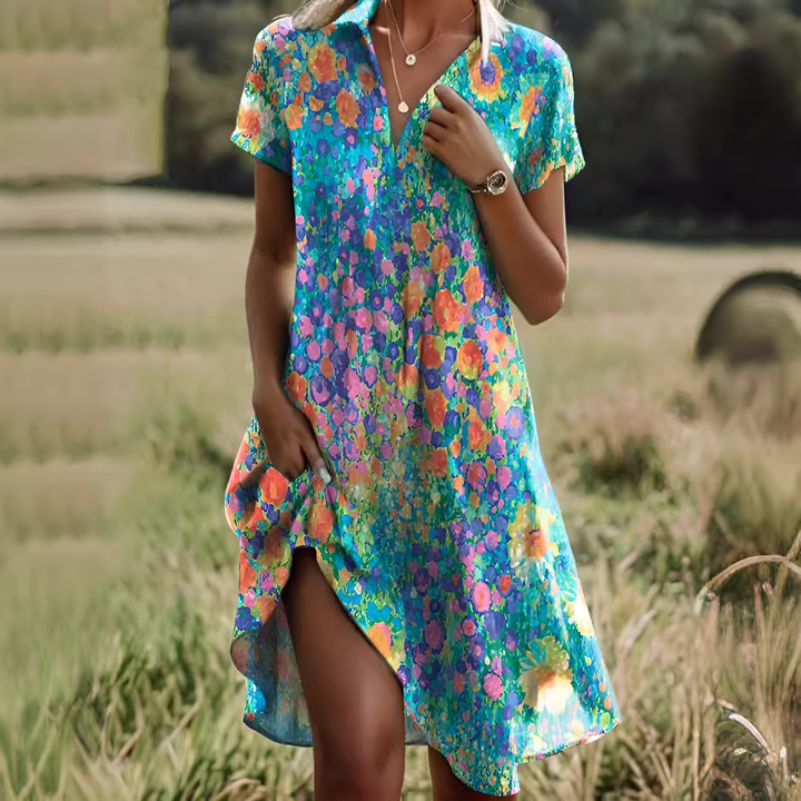 Model wearing a women's casual summer midi dress with a waist tie, styled for comfort