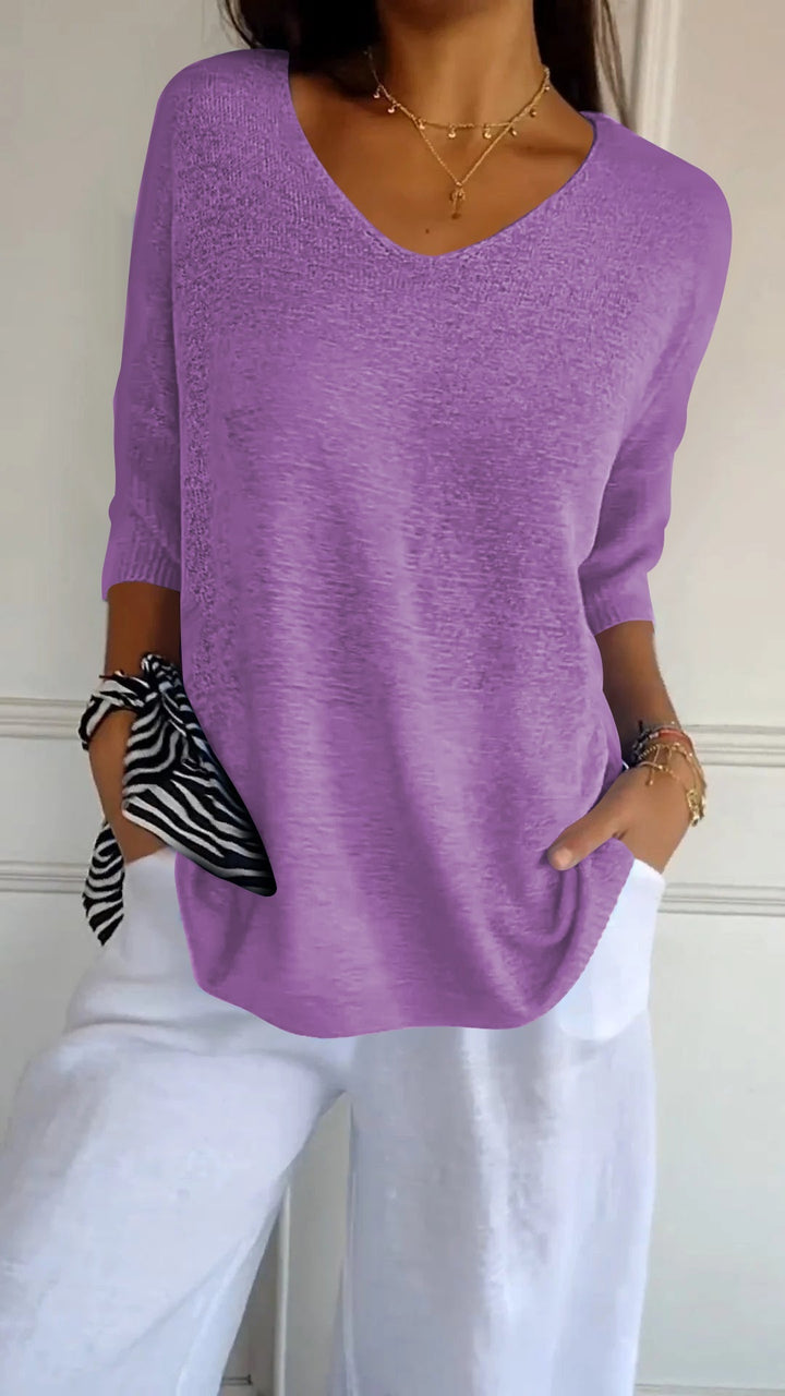 Everyday women's v-neck pullover top, comfortable long sleeve casual blouse