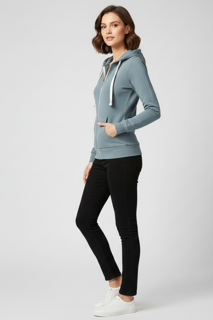 Comfortable women's hoodie, zipper closure, practical kangaroo pockets for everyday wear