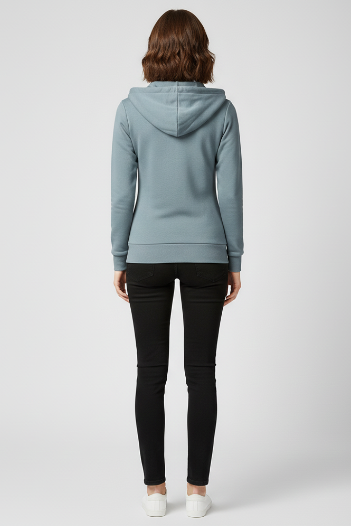 Full shot of women's zippered hoodie, perfect for casual outfits and cooler weather