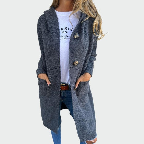 Stylish women's knit long cardigan with buttons, ideal for versatile new arrival fashion