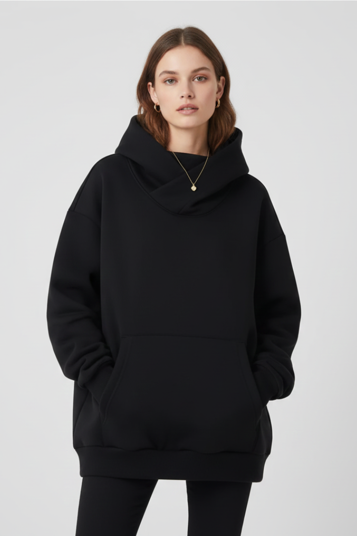 Fashionable women's high neck hoodie in black, featuring a wide hood for comfort and style.