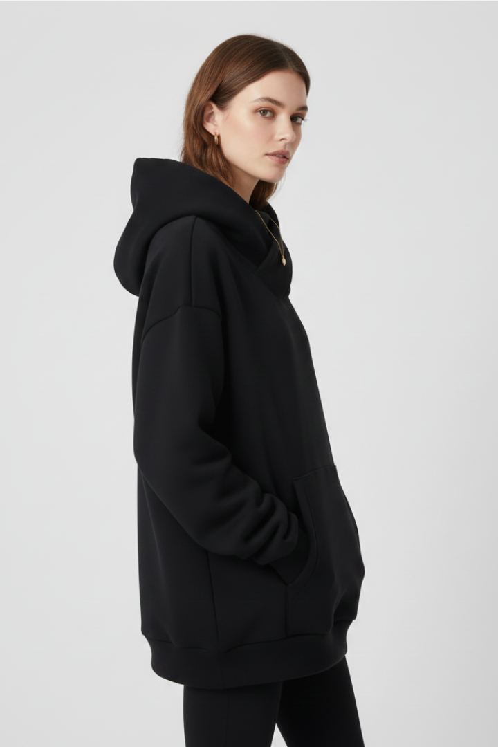 Cozy women's white high neck hoodie with an oversized wide hood, ideal for layering and warmth.
