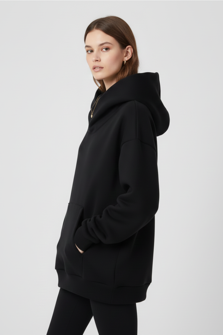 Comfortable women's navy blue high neck hoodie, designed with a wide hood for ultimate casual wear.
