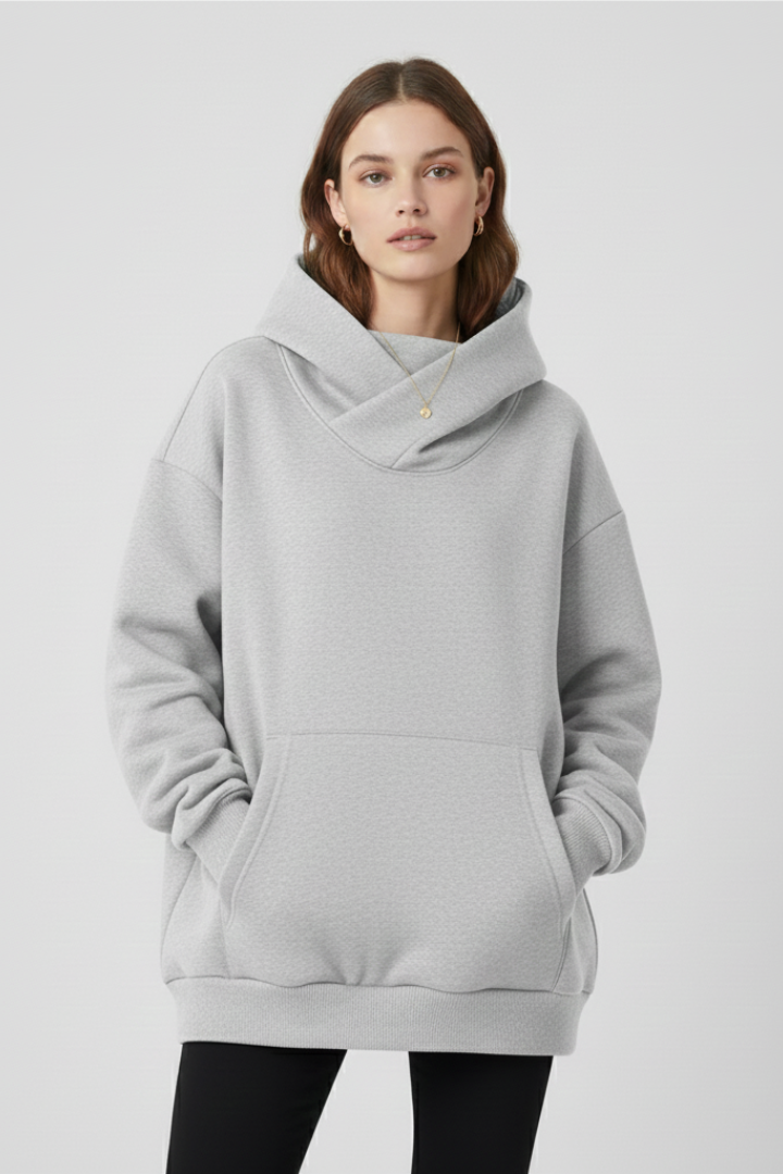 Soft women's heather gray high neck hoodie with wide hood, offering an extra layer of warmth and comfort.