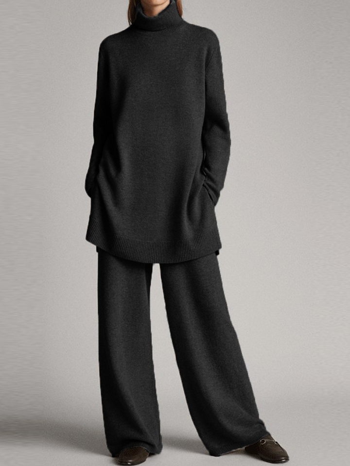 Women's charcoal high neck two-piece lounge set with wide-leg pants for cozy casual wear.