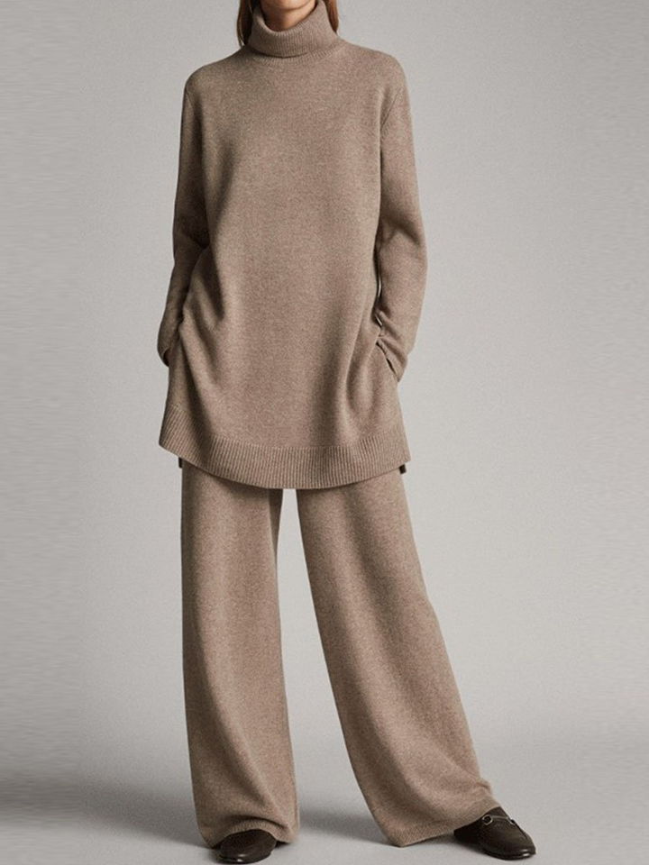 Women's trendy black high neck long-sleeve top and wide-leg pant lounge set, comfortable chic.