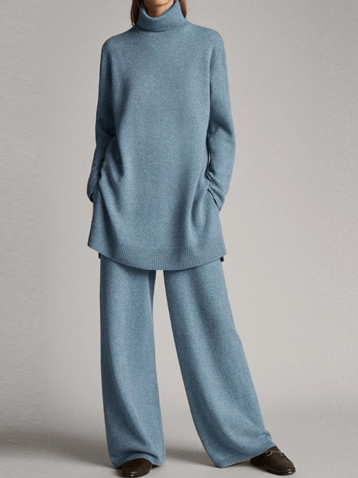 Comfortable women's two-piece high neck lounge set with elegant wide-leg pants, perfect for home or casual.