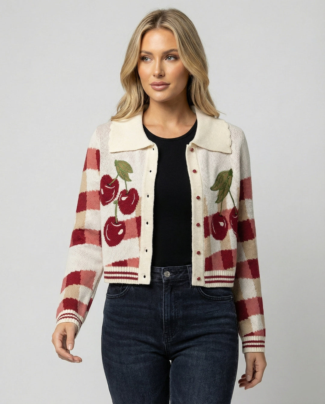Stylish ladies' cropped floral jacket featuring delicate cherry blossom pattern, elegant summer outerwear.