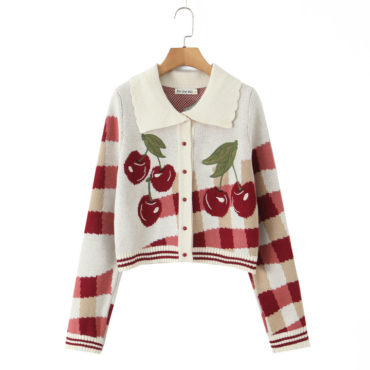 Ladies' casual chic cropped jacket with intricate cherry blossom floral design, lightweight outerwear.