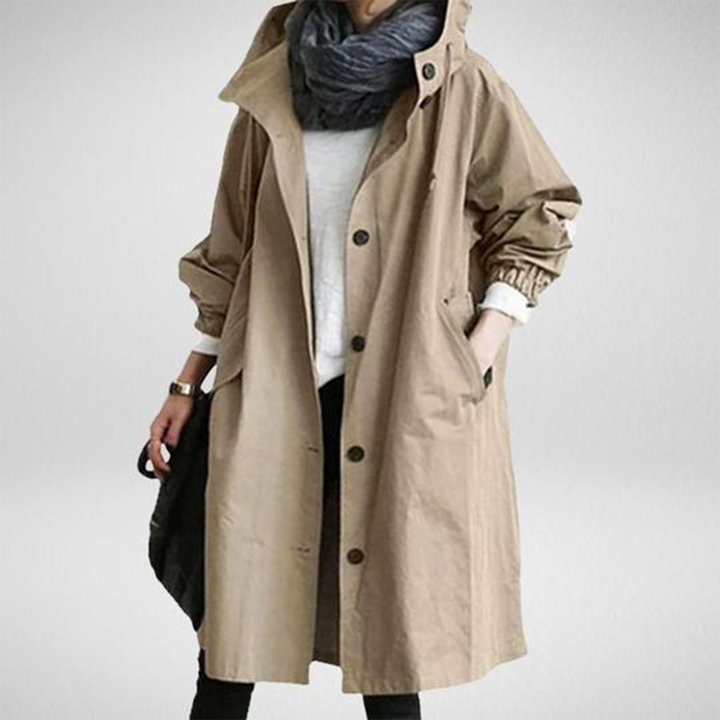 Full-length view of a women's breathable and lightweight trench jacket, versatile for spring