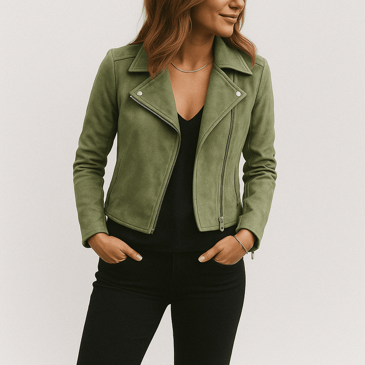 Women's chic black moto biker jacket, cropped zip-up style for street fashion.