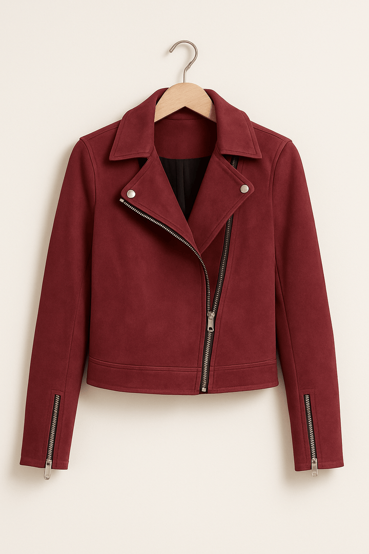Cropped black women's biker jacket, zip-up front, a stylish piece for casual chic outfits.