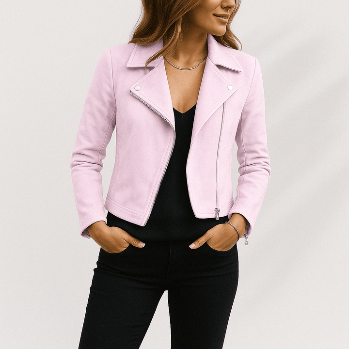 Women's modern cropped moto jacket, black, with zip, perfect versatile layering for cooler days.