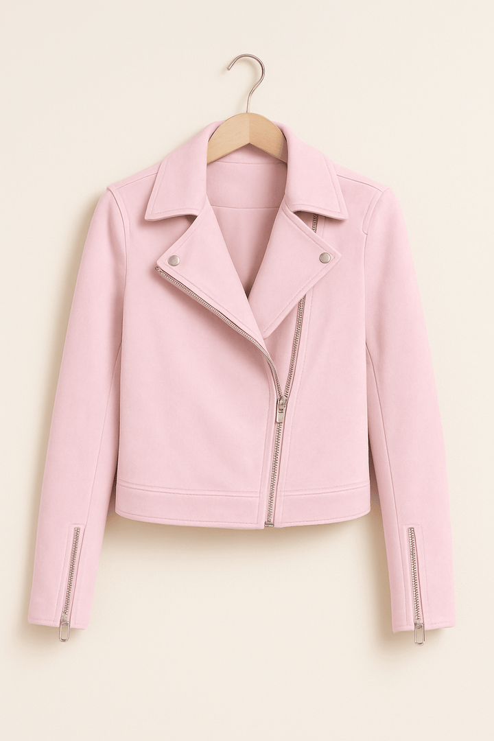 Elegant women's cropped zip-up jacket, black biker style, suitable for urban and street fashion.