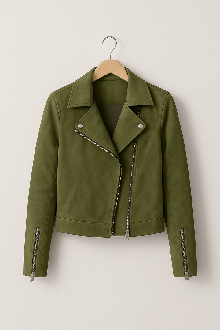Stylish women's cropped biker jacket with zip front, perfect for casual spring outerwear.