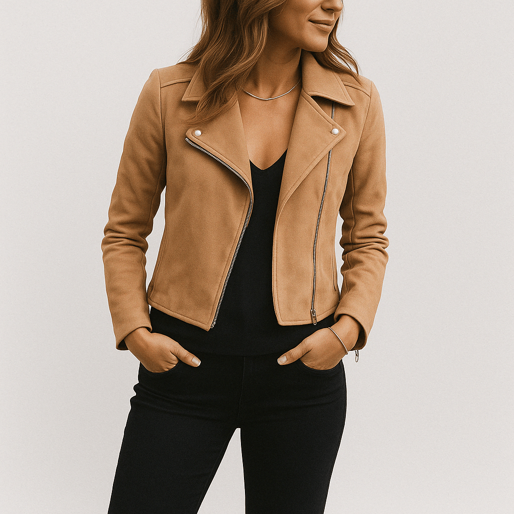 Modern women's moto jacket, black cropped design, a versatile zip-up for autumn layering.